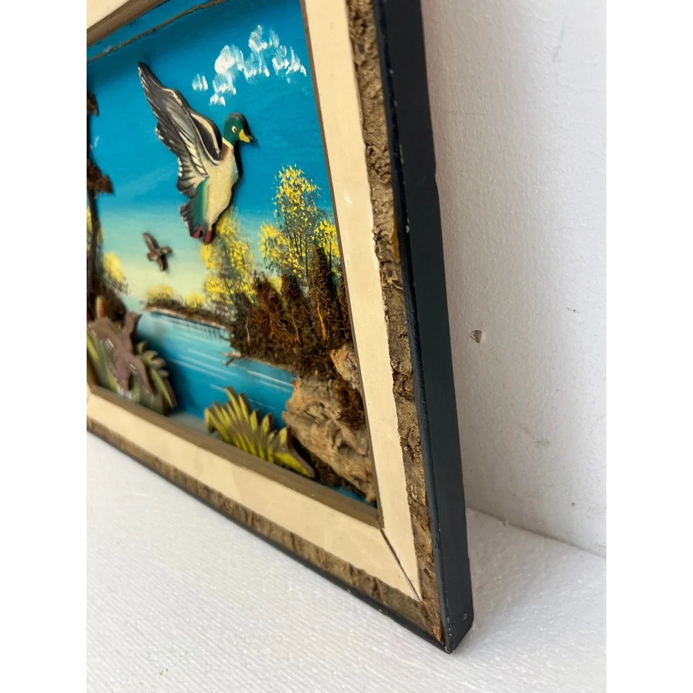 Vintage Mixed Media Shadowbox Art Ducks Flying Mallard Lake Scene Cabin Decor